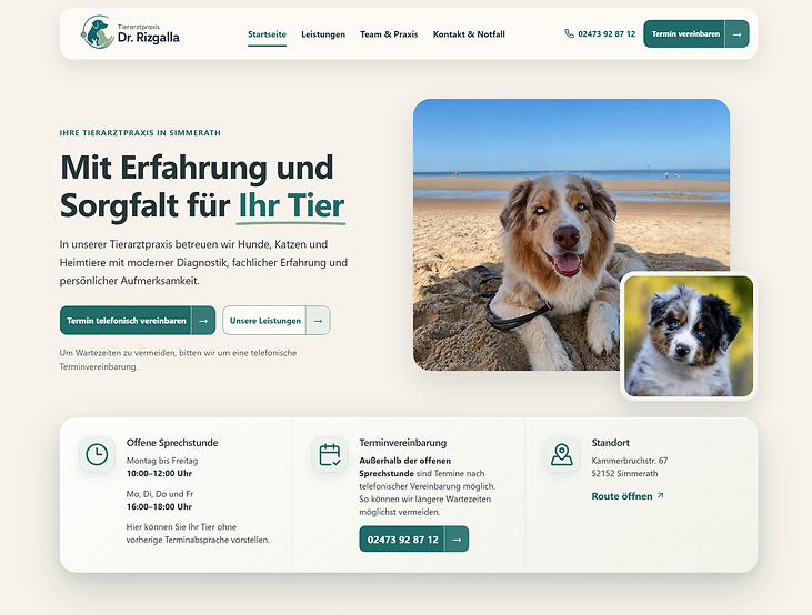 Neu gestaltete Website der Tierarztpraxis Dr. Rizgalla mit Praxisinformationen, Sprechzeiten und Tiermotiven