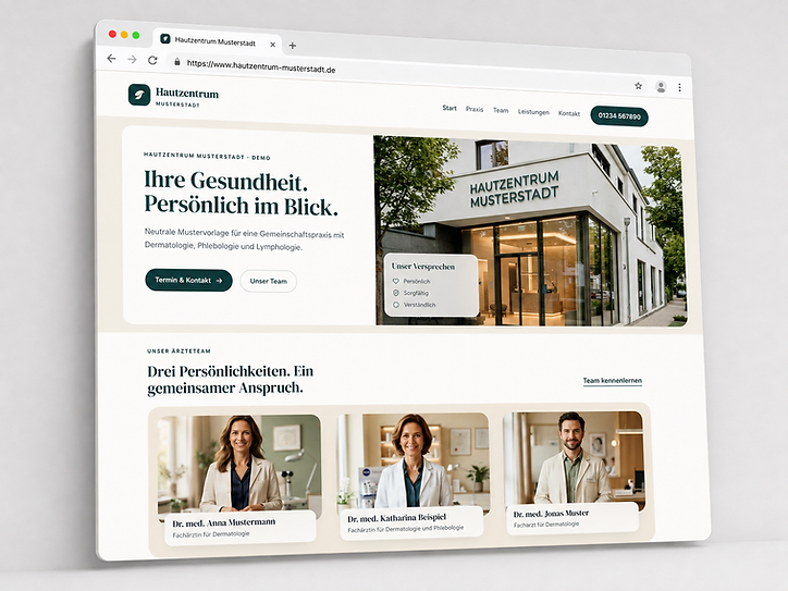 Website-Mockup des fiktiven Hautzentrums Musterstadt mit medizinischen Fachbereichen
