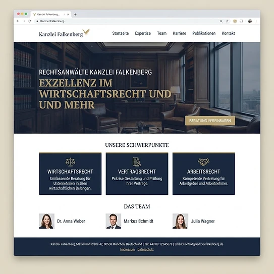 Website-Mockup der fiktiven Kanzlei Falkenberg in Düren