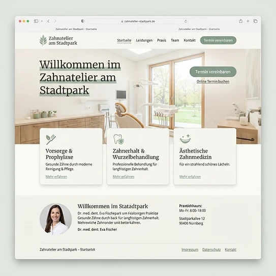 Website-Mockup der fiktiven Zahnarztpraxis Zahnatelier am Stadtpark in Aachen