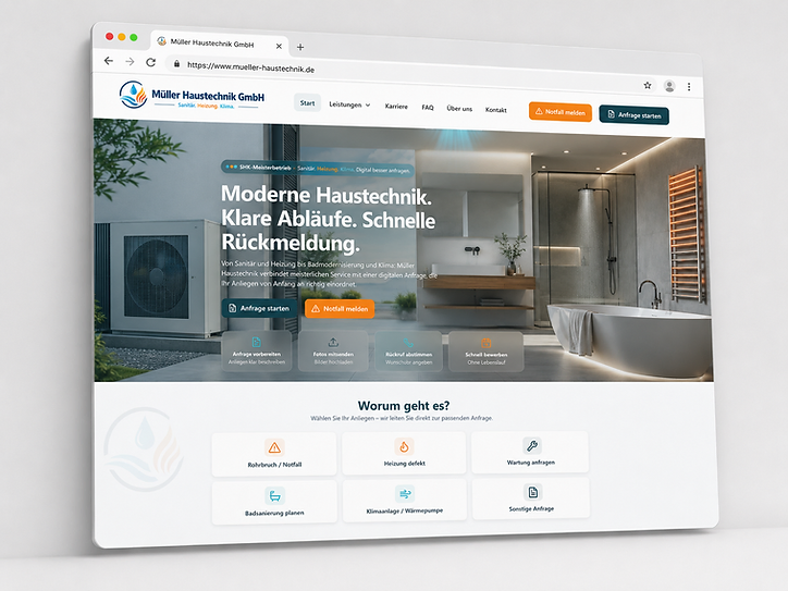 Helles Website-Mockup des fiktiven SHK-Betriebs Müller Haustechnik in Aachen