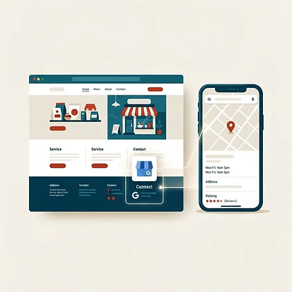 Lokales Unternehmensprofil mit Standort, Öffnungszeiten und verknüpfter Website auf Smartphone und Desktop