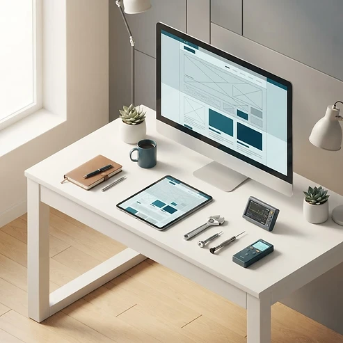 Helle digitale Website-Werkstatt mit Monitor, Tablet und präzise angeordneten Werkzeugen