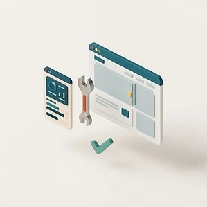 Digitale Website-Diagnose mit dezentem Hinweis, Werkzeug und Statushaken