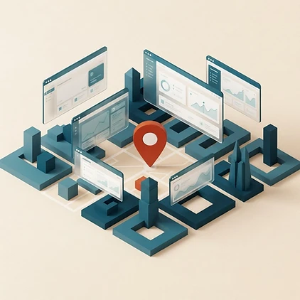 Regionale Karte mit Standortmarkierung und Websitefenstern