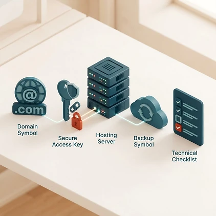 Domain, Zugangsschlüssel, Hosting und geordnete technische Checkliste