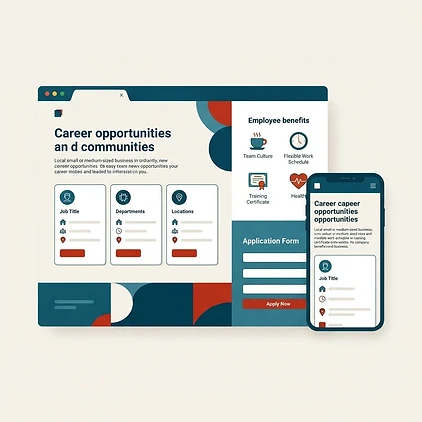 Moderne Karriereseite mit Stellenkarten und Bewerbungsformular auf Desktop und Smartphone