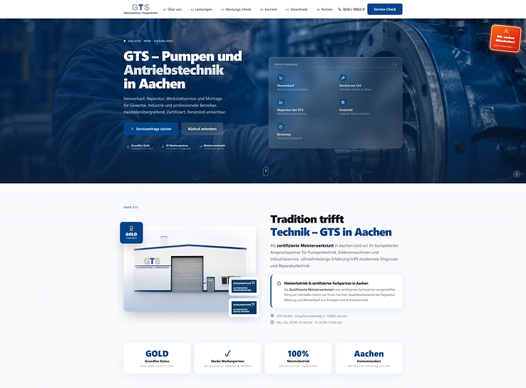 Neu gestaltete Website von GTS Pumpen- und Antriebstechnik in Aachen mit Leistungsübersicht und Service-Bereich