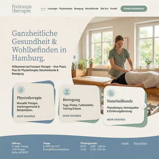 Website-Mockup der fiktiven Praxis Freiraum Therapie in Düren