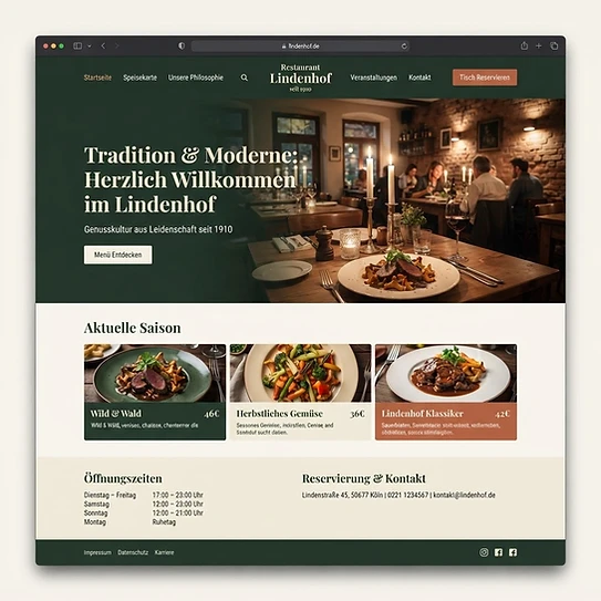 Website-Mockup des fiktiven Restaurants Lindenhof in Aachen