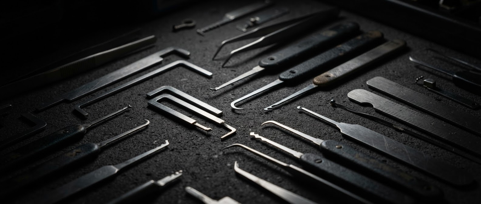 Professional locksmith tools — precision picks, tension wrenches, and key gauges