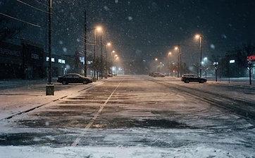 Cold icy car park at night with snow falling