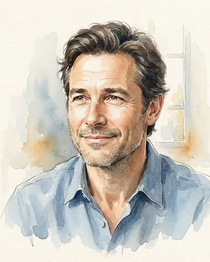 Aquarell-Porträt einer lächelnden Person mit natürlichen Zähnen
