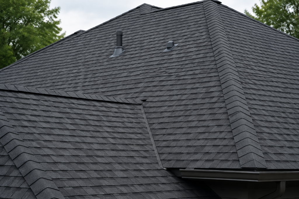 Residential roof in Burke, VA with dark grey asphalt shingles, multiple slopes, a central valley, and two roof vents beneath a tree-lined sky