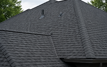 Residential roof in Burke, VA with dark grey asphalt shingles, a central valley, and two roof vents beneath a tree-lined sky