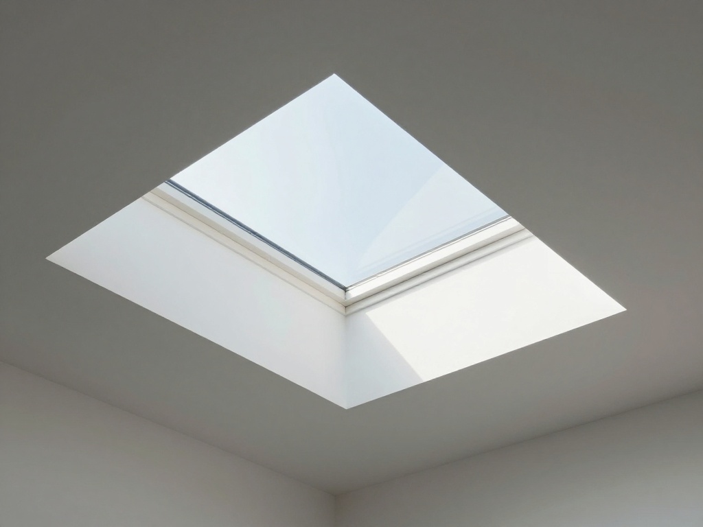 Angled upward view of a square modern skylight set into a smooth matte white ceiling, with a thin light-grey metal frame and a clear pale-blue daylight sky visible through the glass