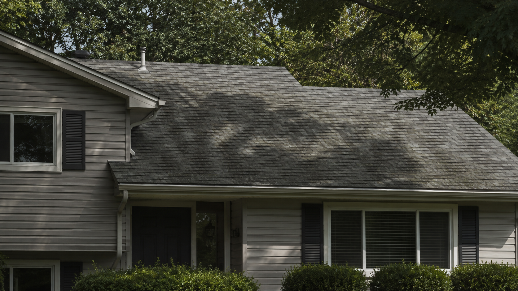 Two-story Annandale, VA home with light gray vinyl siding, a dark gray asphalt shingle roof, and mature trees casting dappled shade across the roofline