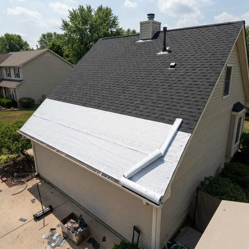 Residential roof replacement in progress with new charcoal architectural shingles installed above bright white synthetic underlayment on the lower slope