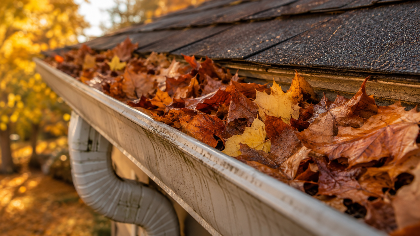 Close-up of a white residential gutter overflowing with dried autumn-colored maple leaves against a dark grey shingled roof on a sunny fall day