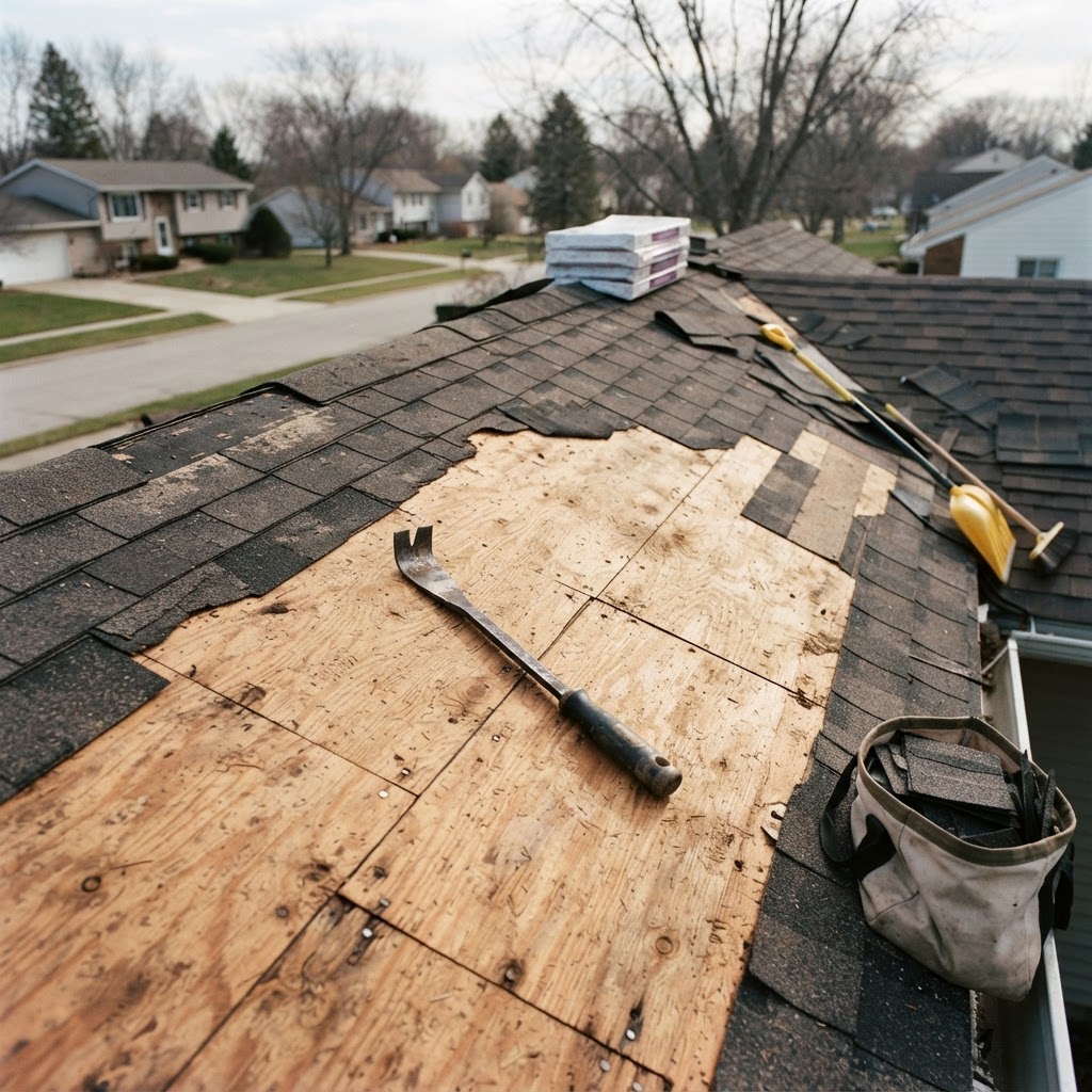 Residential roof mid tear-off with old asphalt shingles removed to expose the plywood roof decking beneath