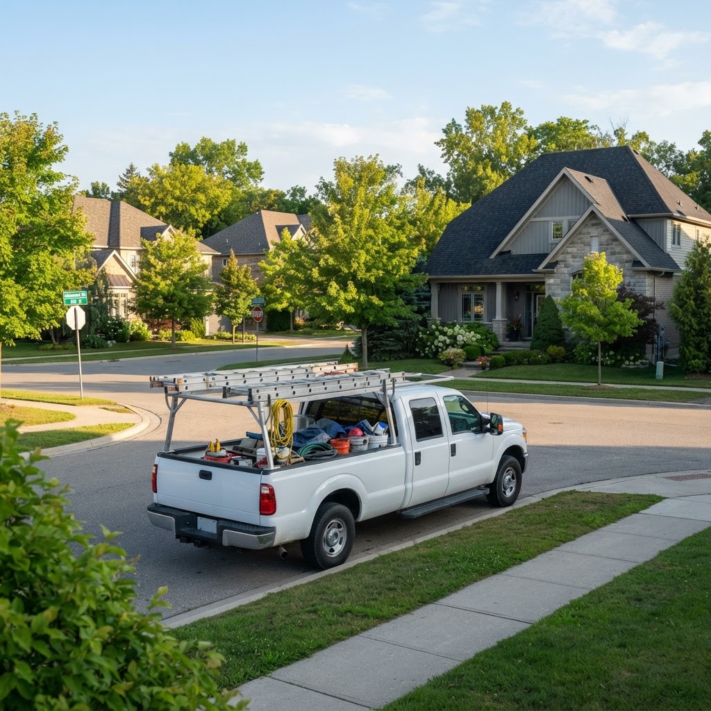 A generic white pickup work truck with ladder racks parked at a residential curb in morning light