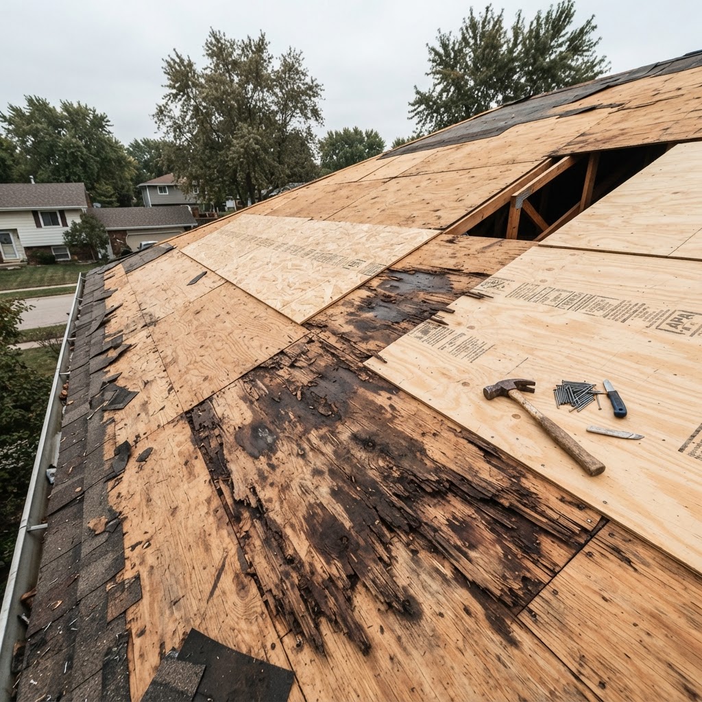Exposed plywood roof decking on a house with old shingles removed, showing water-stained and rotted panels beside sound new plywood