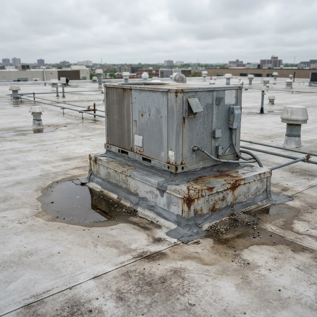 Commercial flat roof with a rooftop HVAC unit on a raised curb showing weathered curb flashing and ponding water nearby