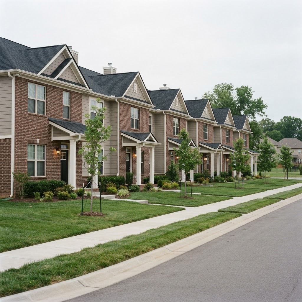Row of matching suburban townhouses with identical dark charcoal shingle roofs in a Northern Virginia planned community