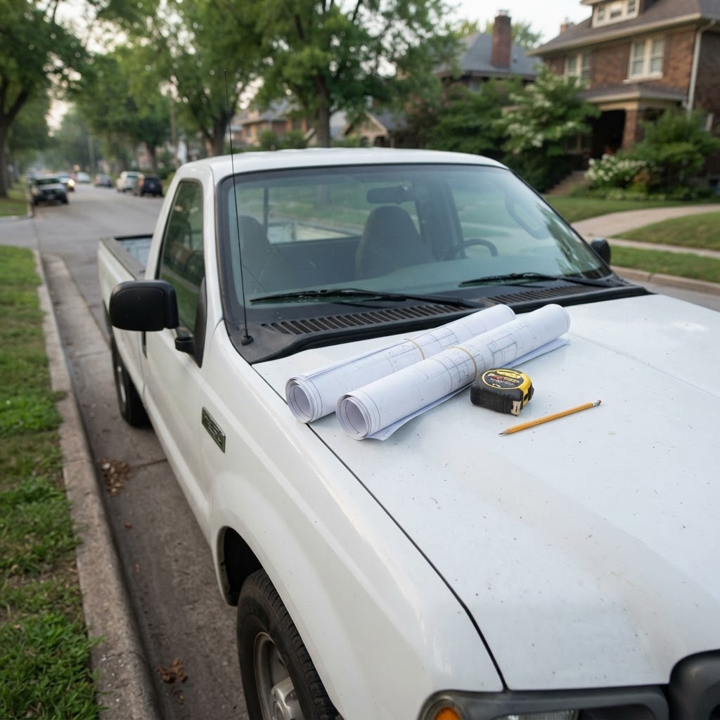 Two rolled blueprints, a tape measure, and a pencil laid across the hood of an unbranded white work truck at a residential curb