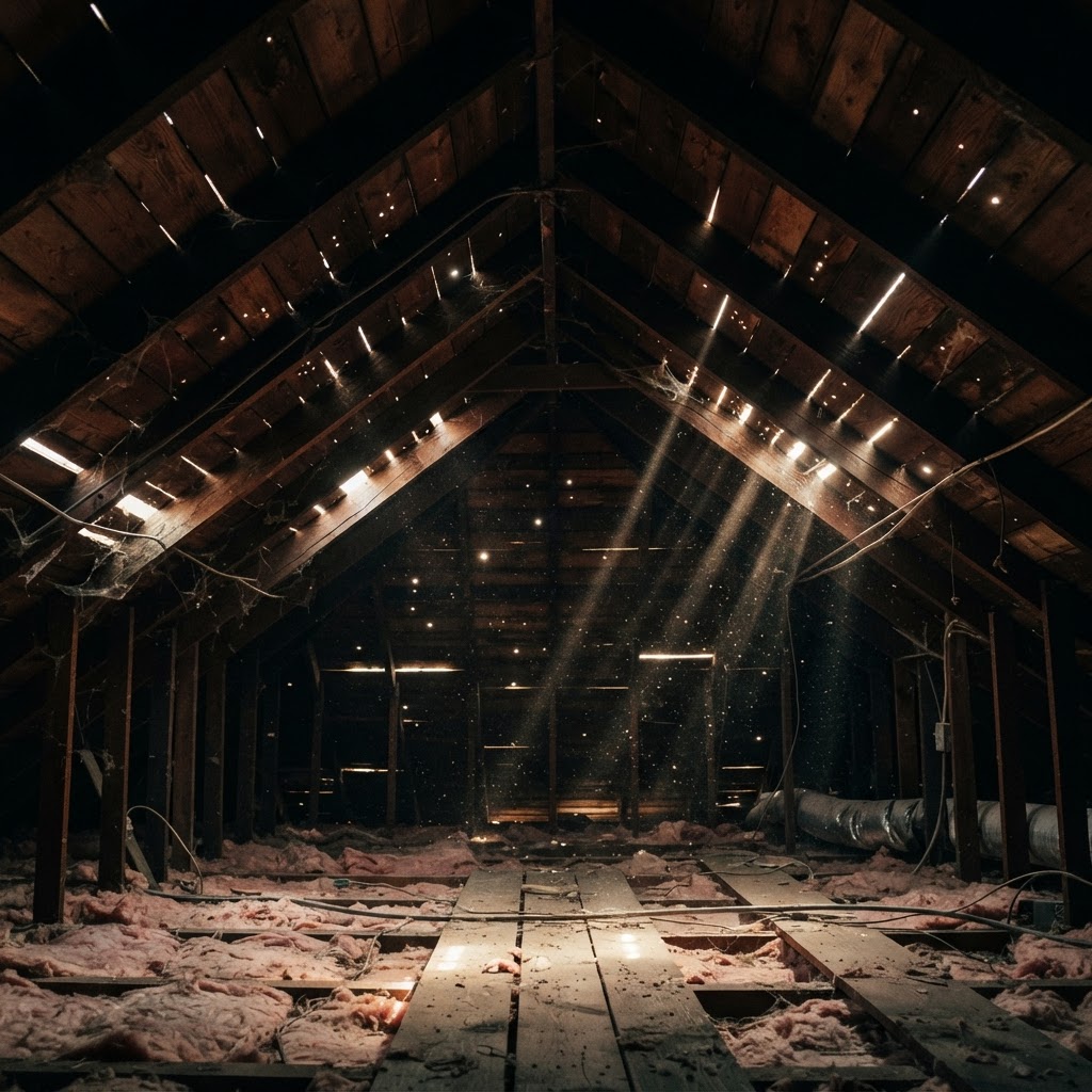 A view up into a dark residential attic with daylight streaming through small gaps in the wooden roof decking