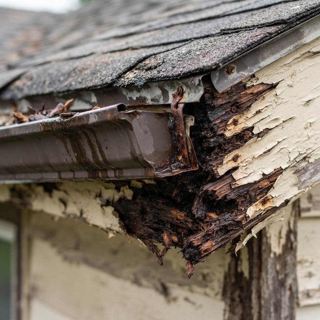 Rotted wooden fascia board beneath a sagging aluminum gutter with peeling paint and water staining along the roof edge