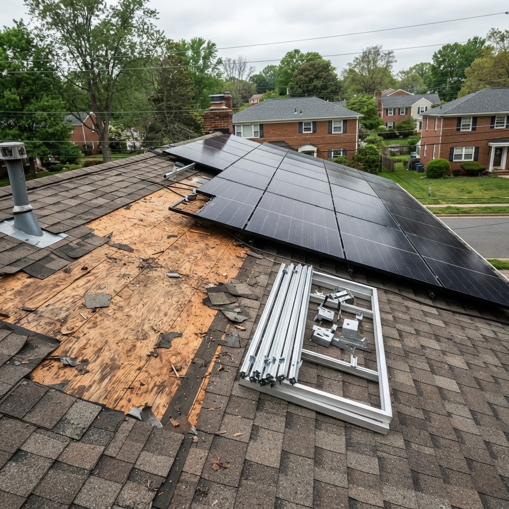 Residential roof mid-replacement with a partially removed solar array beside stripped decking and stacked mounting rails