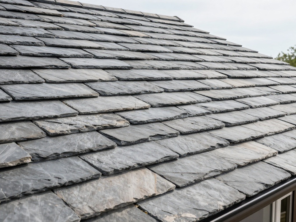 High-angle close-up of natural grey slate shingles on a pitched residential roof, with charcoal and mineral-weathering tones overlapping in layered courses under a soft overcast sky