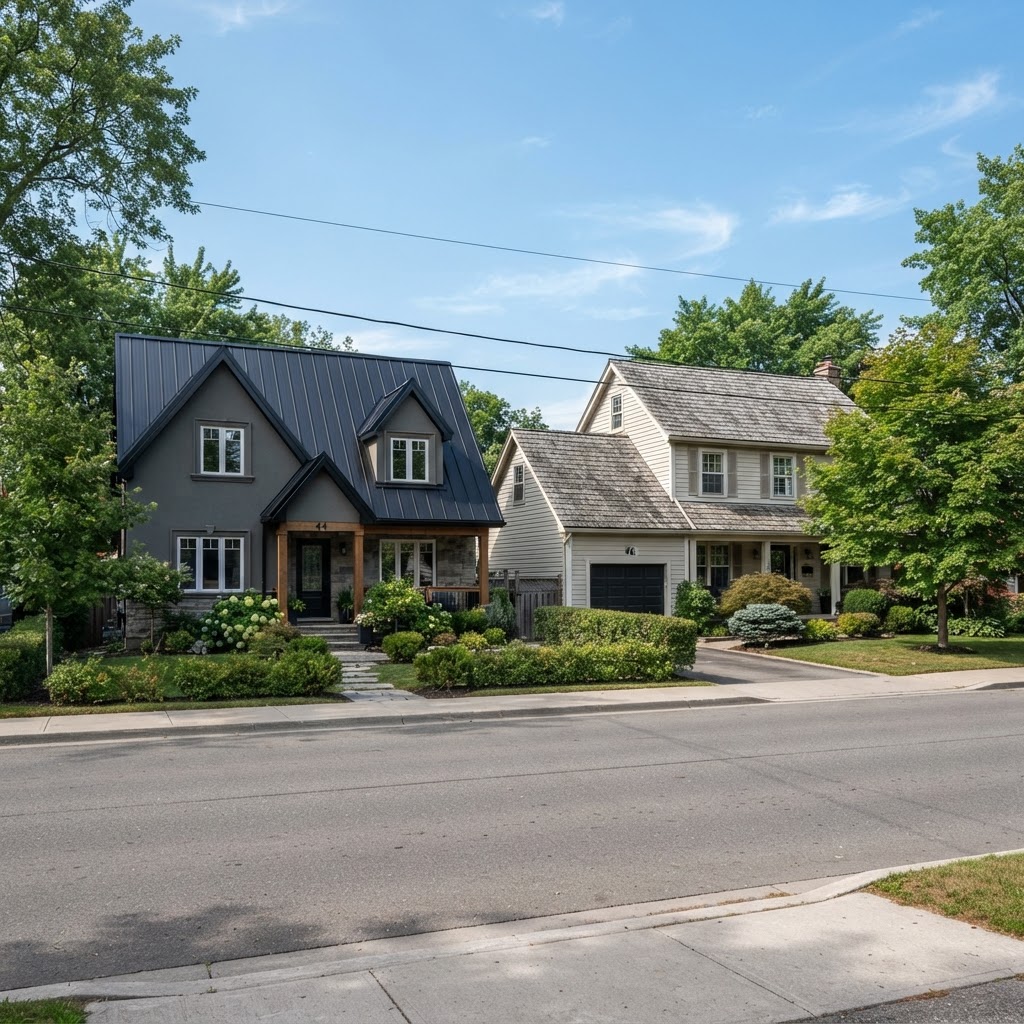 Two adjacent suburban houses, one with a dark standing seam metal roof and one with gray asphalt shingles, in bright daylight