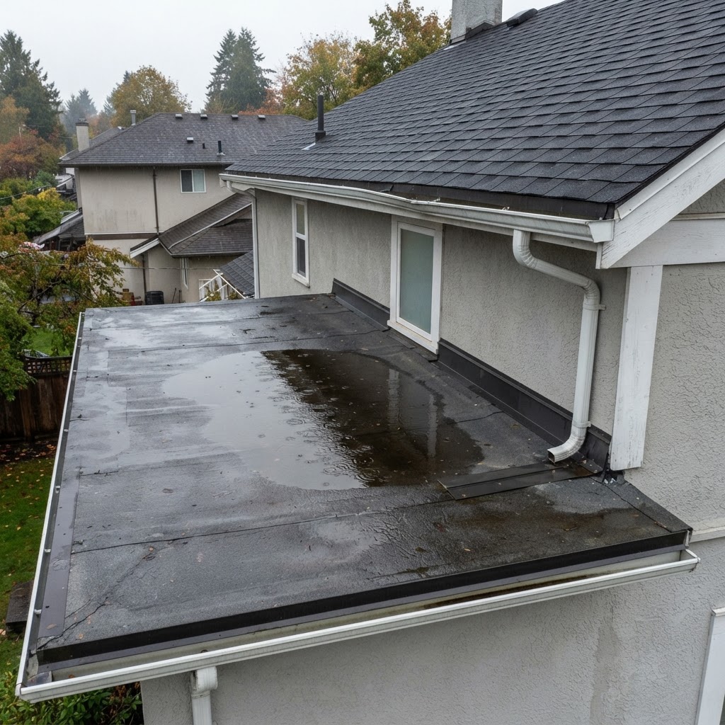 Residential low-slope porch roof with a dark membrane surface and ponding water meeting the steeper asphalt shingle main roof