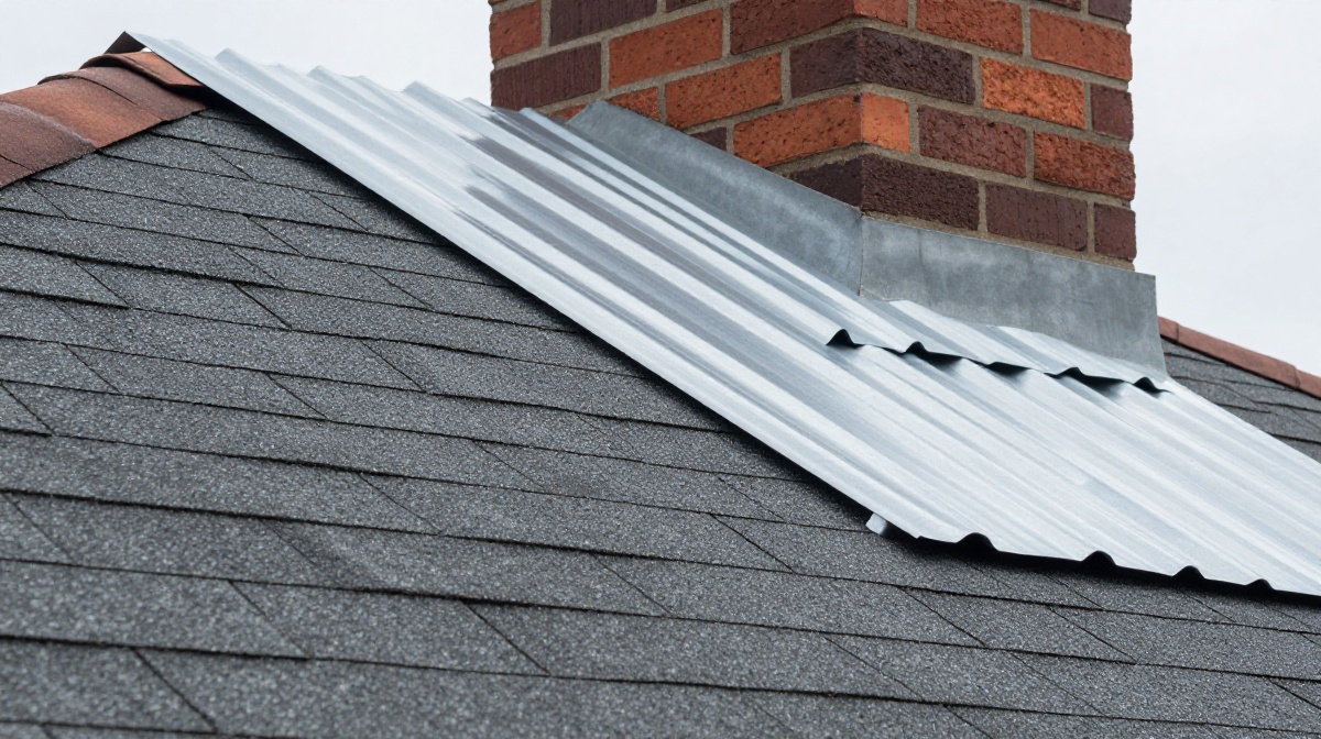 High-angle view of a residential roof where dark charcoal asphalt shingles meet a red-brown brick chimney with a silver-gray corrugated metal flashing piece sealing the transition under an overcast sky