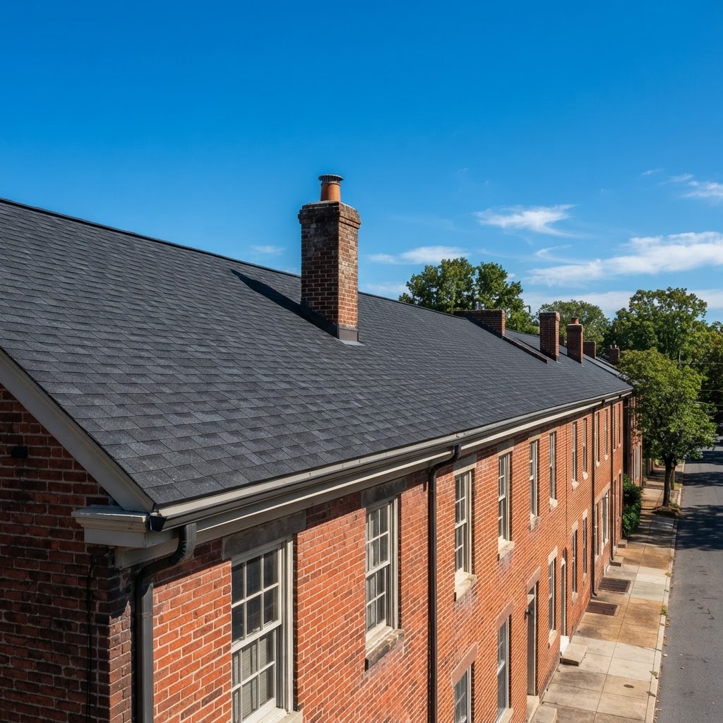Virginia brick townhouse roofline with one continuous shared charcoal shingle roof spanning adjoining units