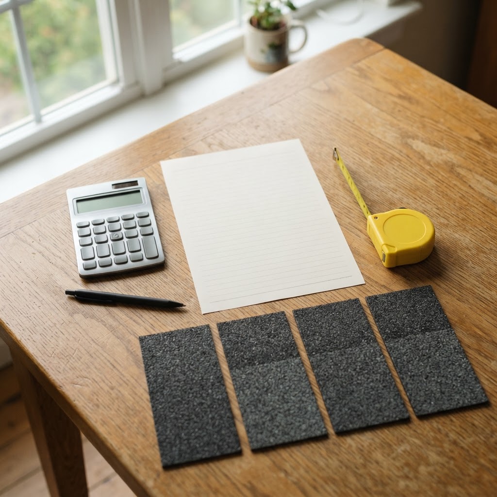 A printed construction estimate document beside a calculator, tape measure, and asphalt shingle samples on a wooden table