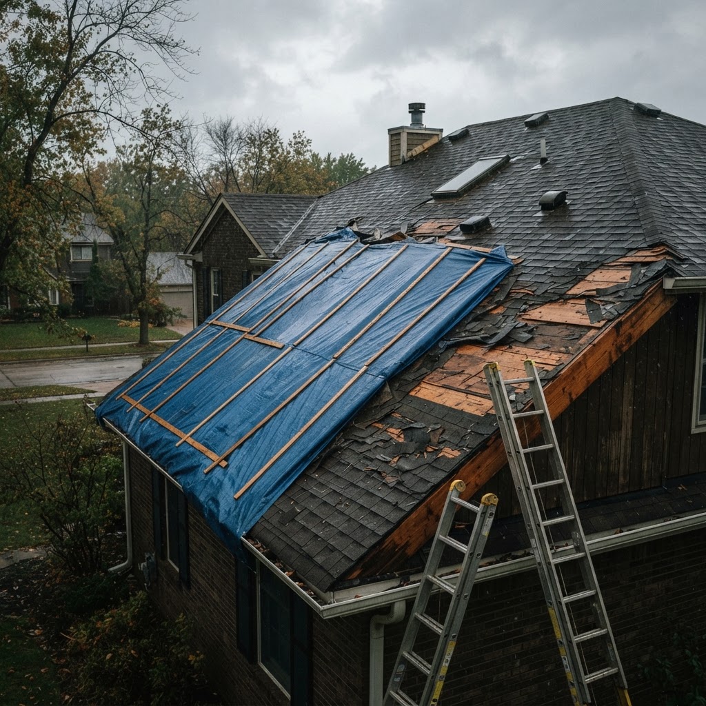 A thick blue tarp secured over a storm-damaged residential roof in the rain with a ladder leaning against the gutter