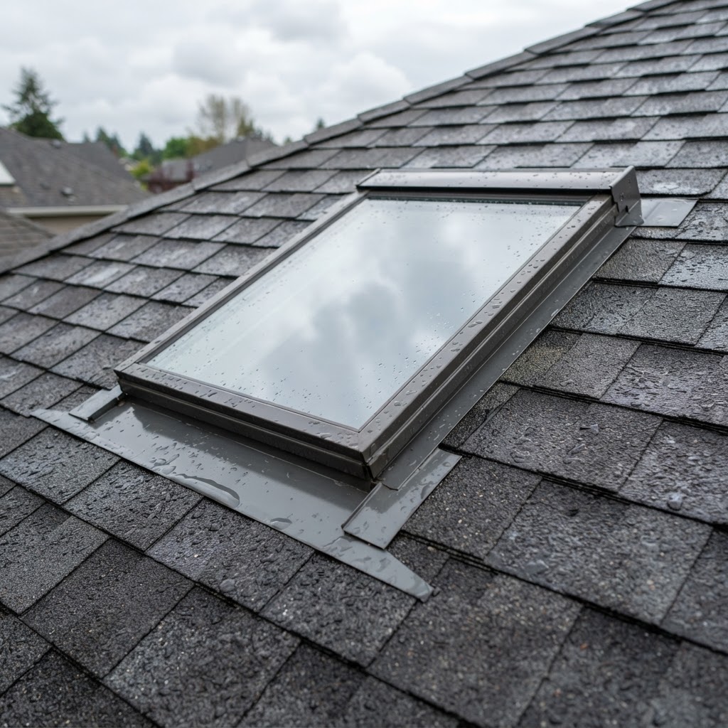 Fixed glass skylight set into an asphalt shingle roof with metal step flashing sealing the frame after rain