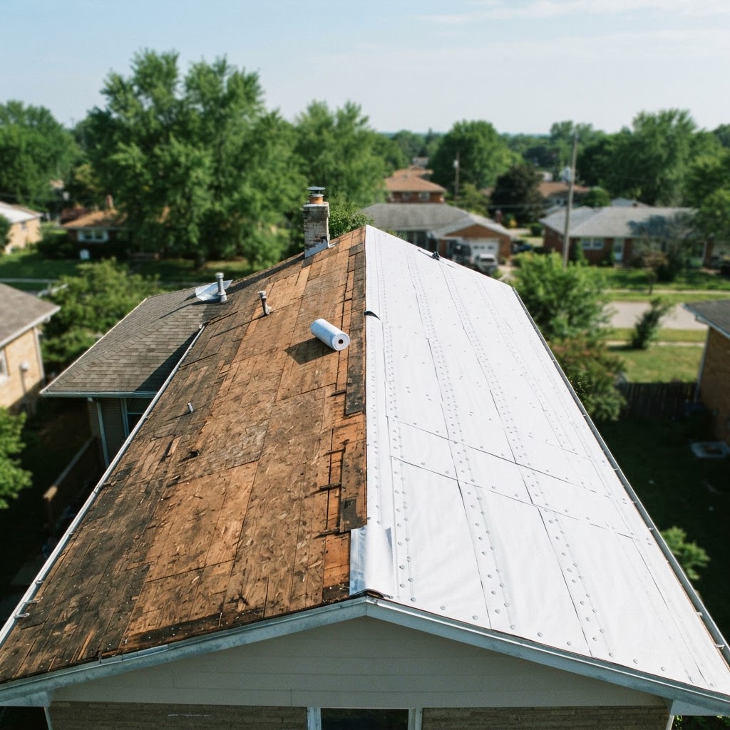 A half-finished roof deck where torn-off shingles give way to bright white synthetic underlayment rolled out in overlapping courses