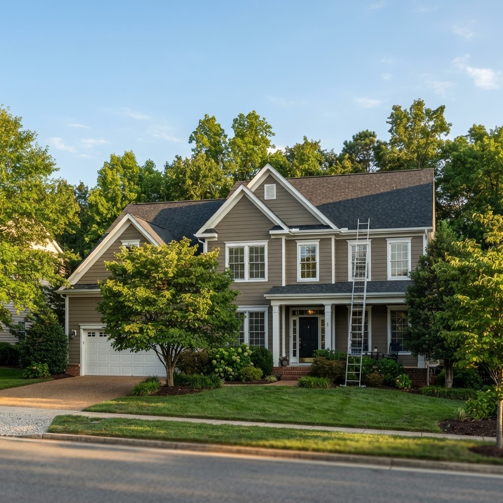 Suburban Northern Virginia home with a charcoal asphalt shingle roof and a ladder leaning against the eave for an annual roof inspection