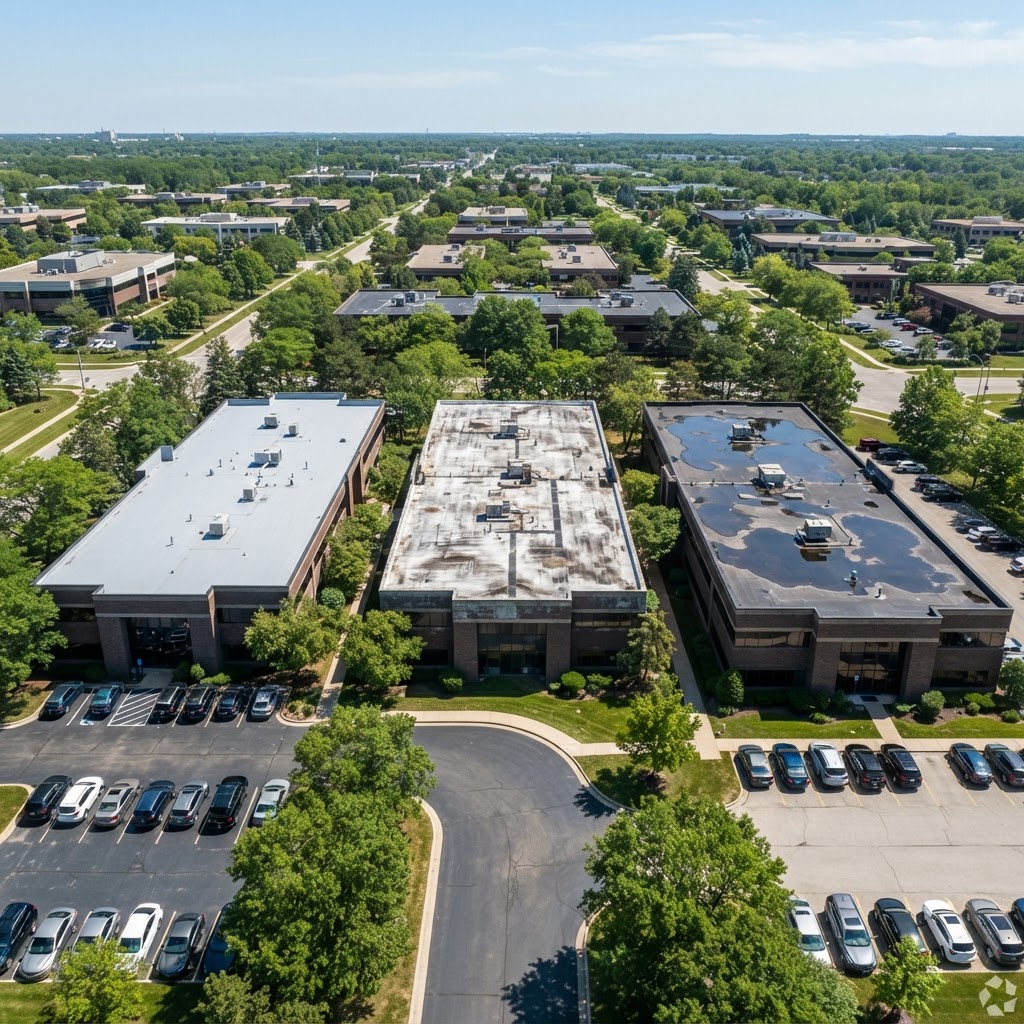 Row of three low rise commercial buildings with flat membrane roofs in different conditions, one with ponding water