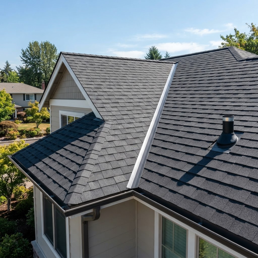 Newly installed dark gray architectural shingle roof with crisp uniform rows and clean metal valley flashing