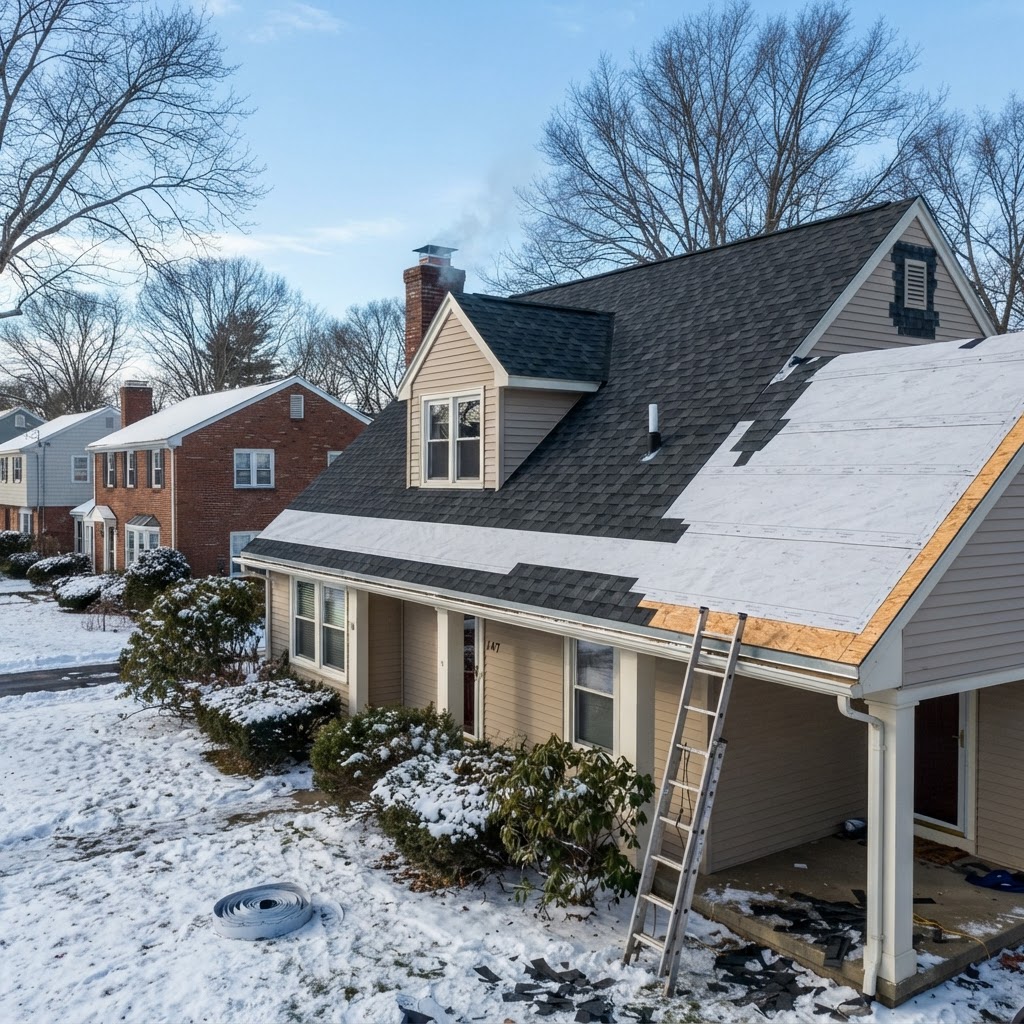 Residential roof replacement underway in winter with partially installed dark charcoal shingles and white synthetic underlayment in Northern Virginia