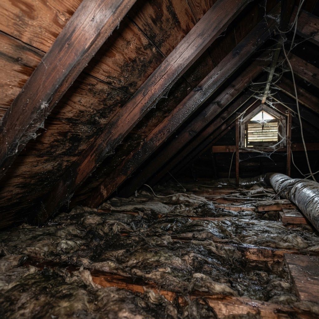 Attic interior of a Northern Virginia home with dark algae and mildew staining on the roof sheathing and damp insulation