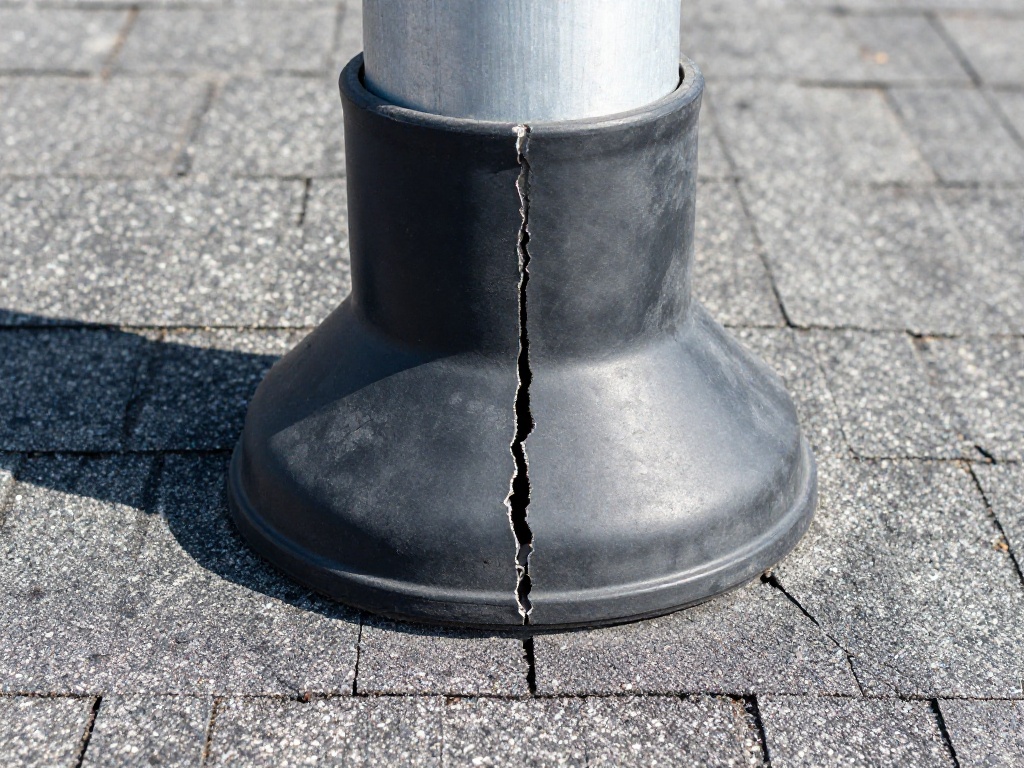 Close-up of a cracked black rubber pipe boot flashing on a grey asphalt shingle roof, with a jagged vertical split exposing the grey metal vent pipe beneath in bright sunlight
