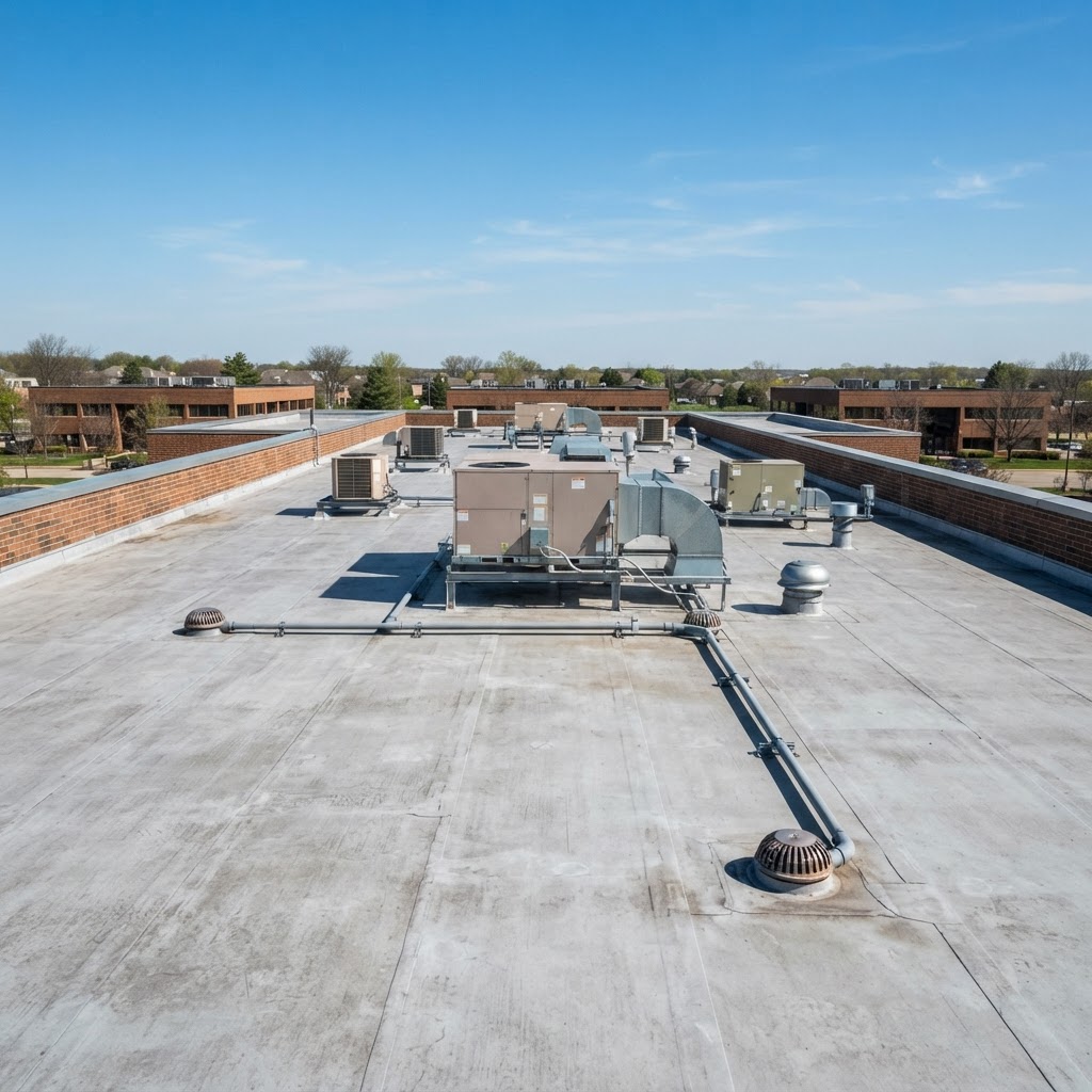 Flat commercial roof of a low-rise brick building with light gray membrane, rooftop HVAC units, and clean round drains