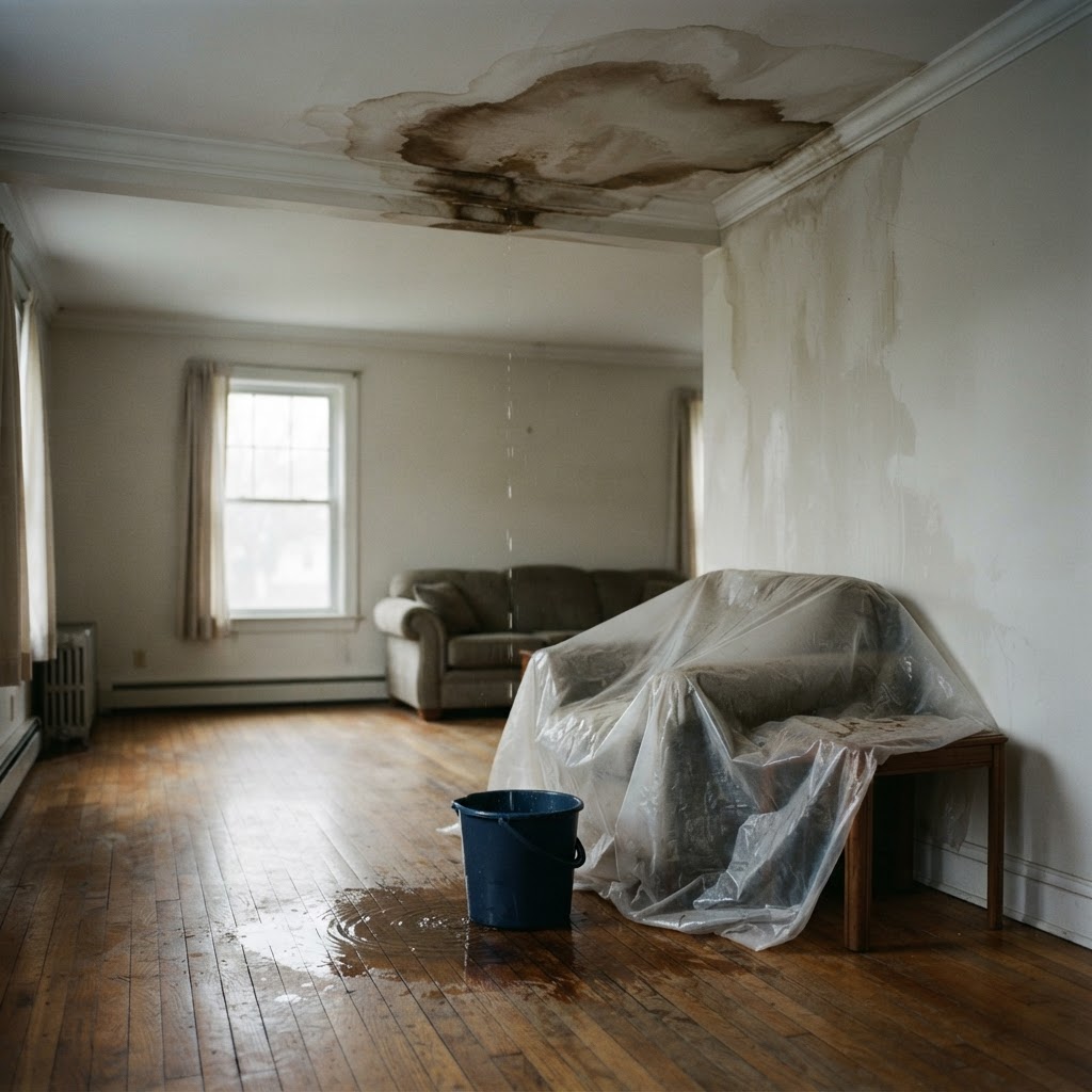 Interior ceiling with a spreading brown water stain and a bucket on the floor catching drips from a roof leak