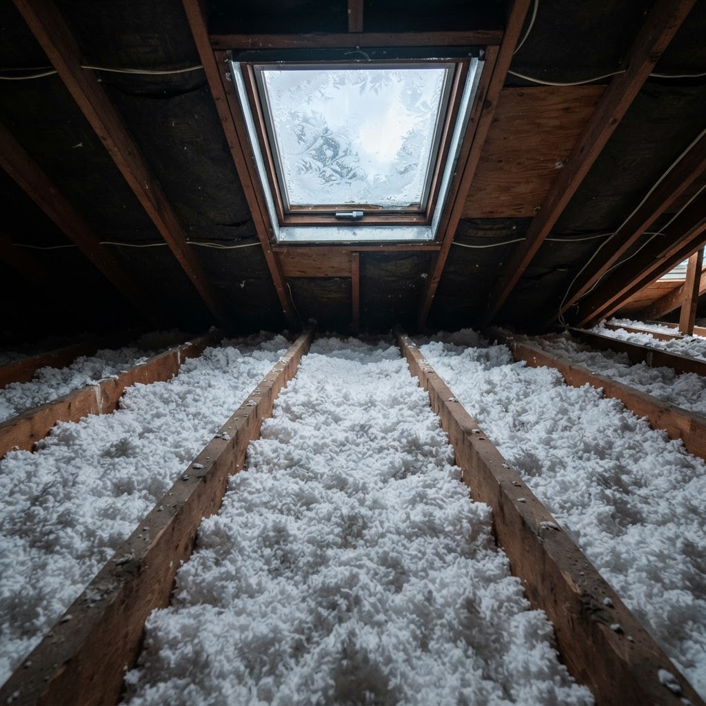 An unfinished residential attic with thick white blown cellulose insulation spread evenly between dark wooden joists
